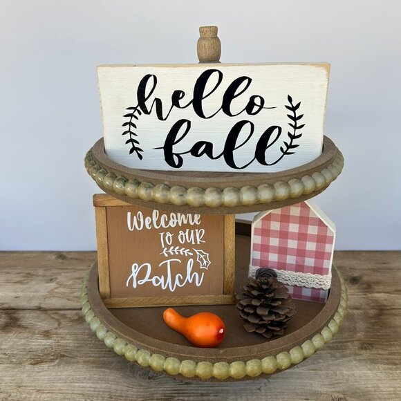 Handmade Hello Fall Tiered Tray/ Shelf Sitter Decor, Pumpkin, Fall, Gourd - Picture 1 of 9